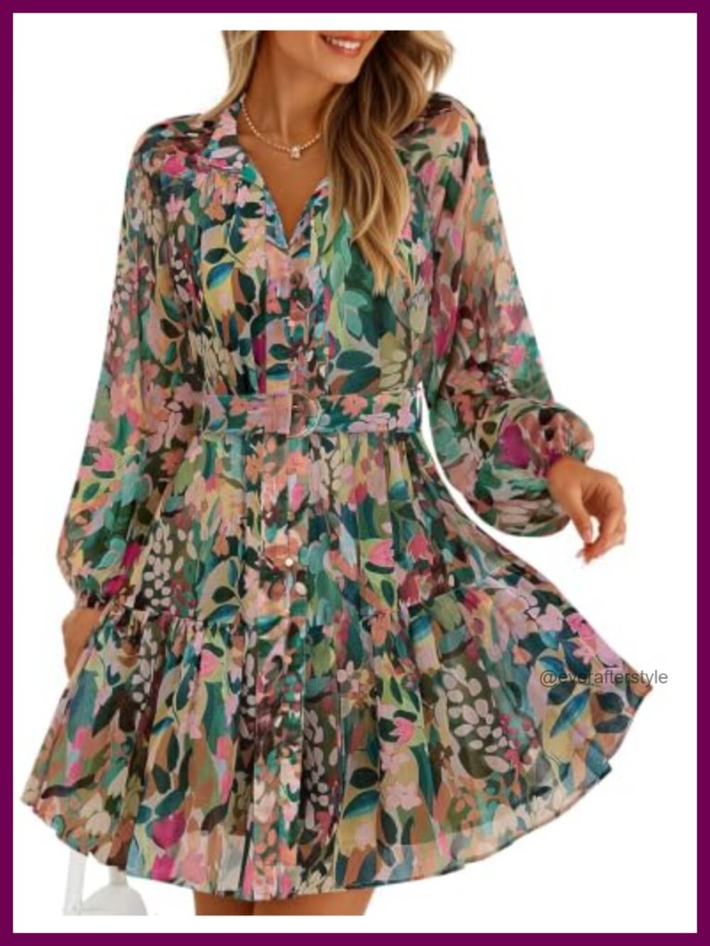 Women's Long Sleeve Floral Chiffon Mini Dress Button Down A Line Tie Waist